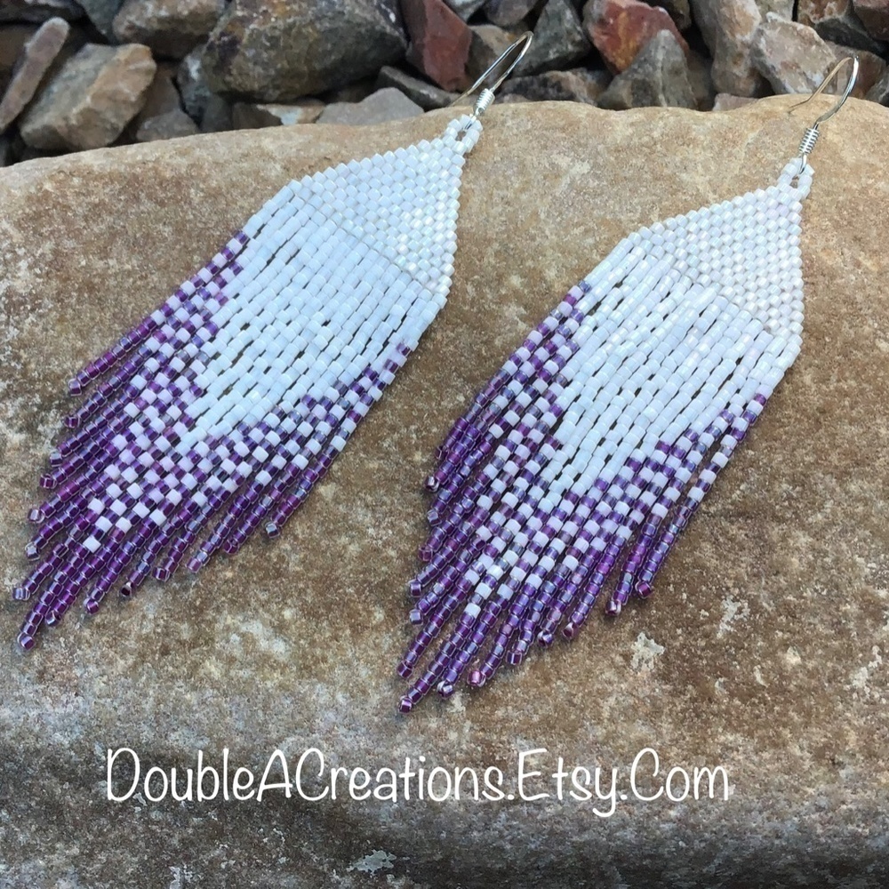 Purple Rainbow Lined and White Beaded Earrings, New, Handmade by Me - Picture 5 of 7